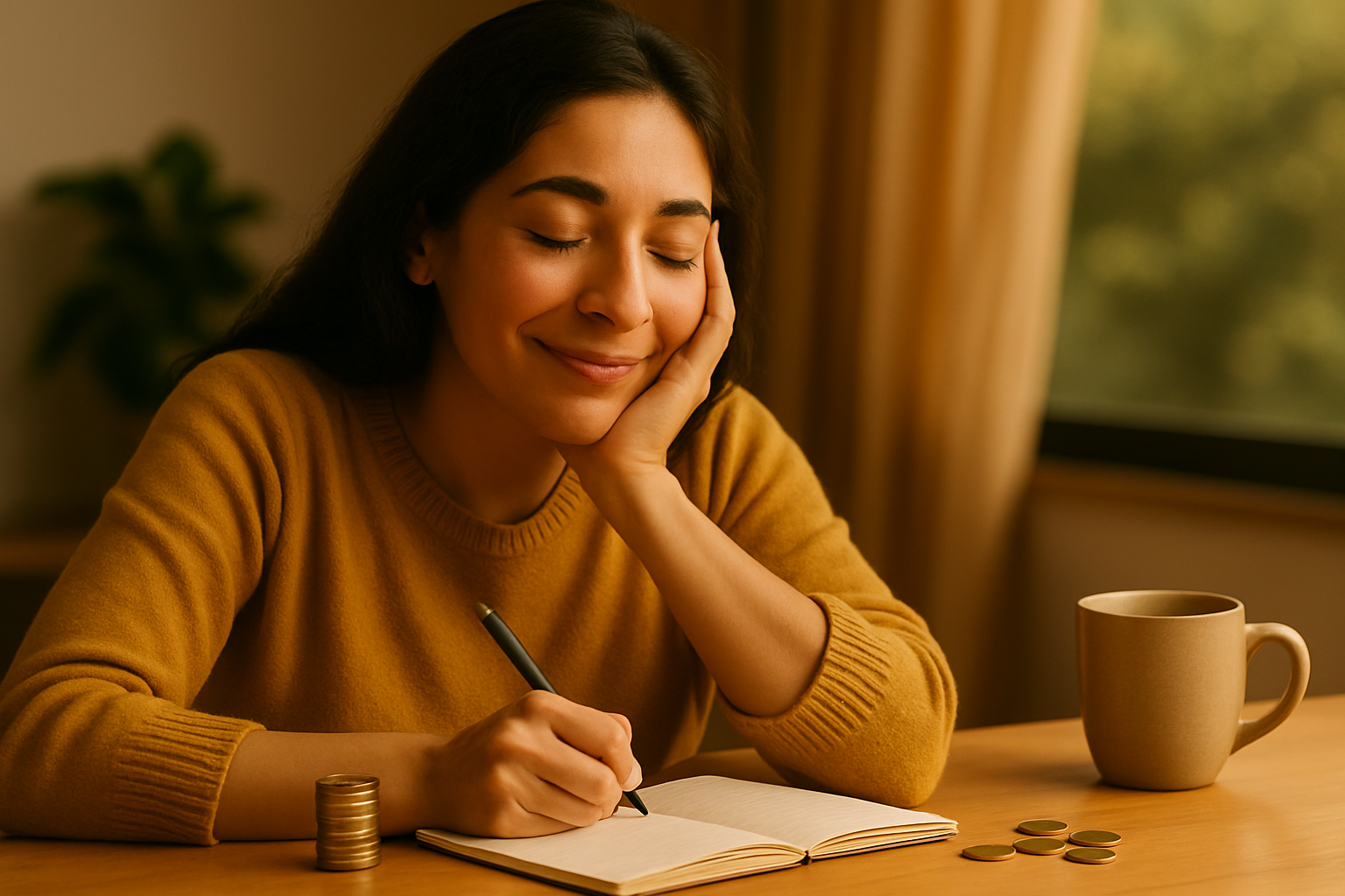 Mujer escribiendo feliz